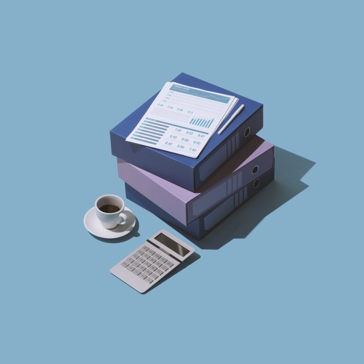 Business management, accounting and finance: financial reports, paperwork and calculator, isometric objects